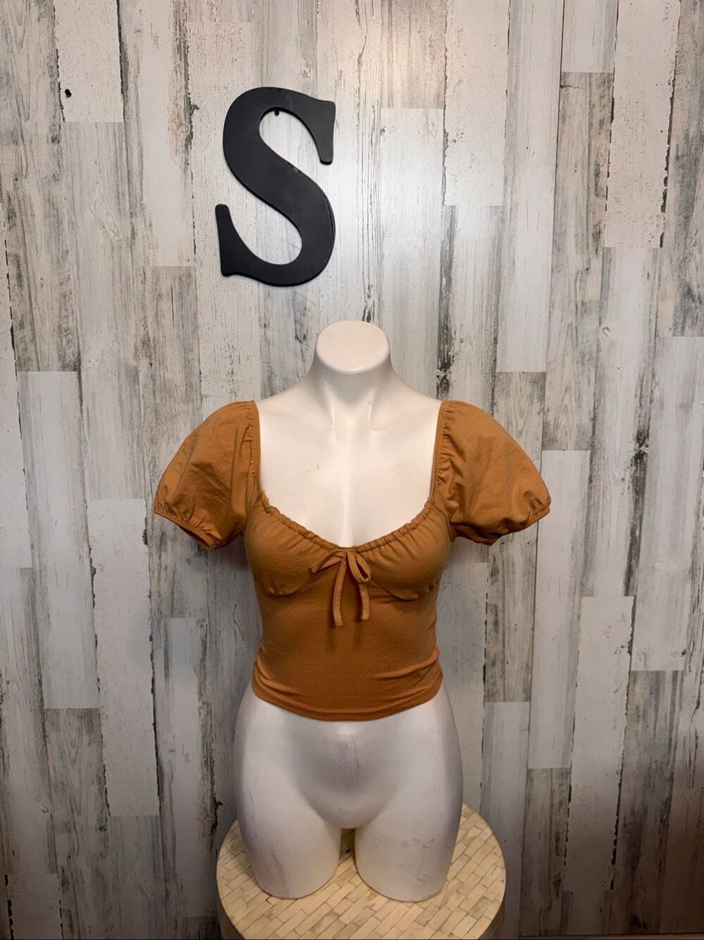 Forever 21 Camel Tan Puff Sleeve Sweetheart Crop Top Womens Small Ruched Tie Fro
